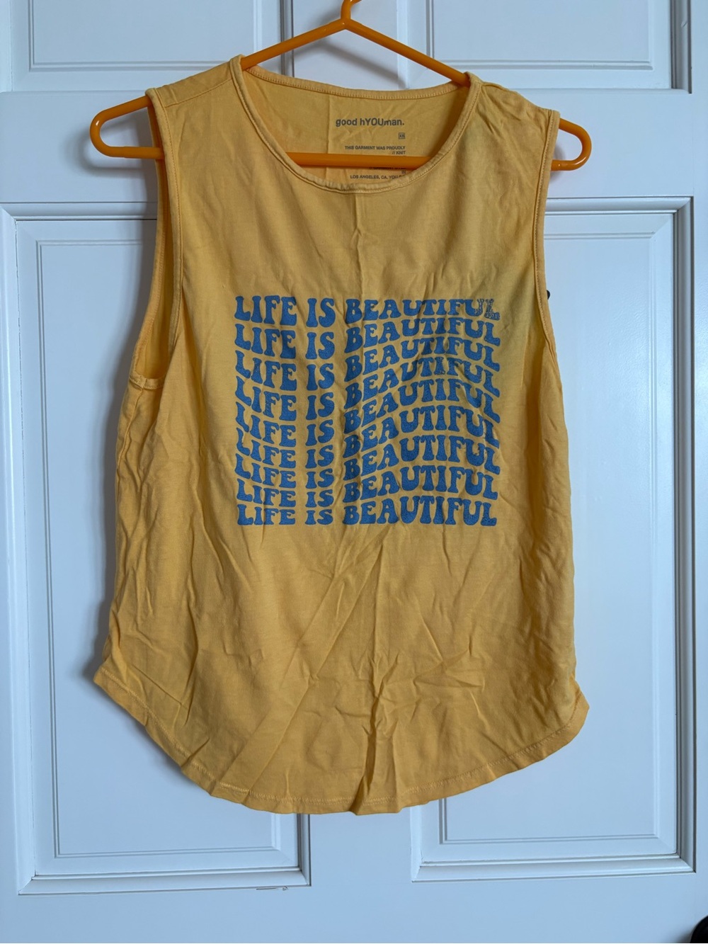 good hYOUman Yellow Tank Top with Blue 'Life Is Beautiful' Graphic